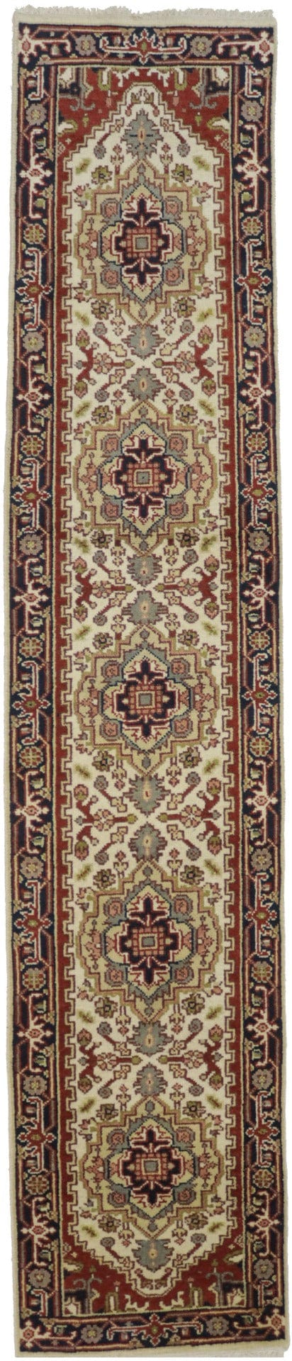 Cream Geometric 2'5X12 Heriz Serapi Oriental Runner Rug