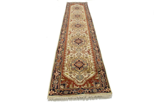 Cream Geometric 2'5X12 Heriz Serapi Oriental Runner Rug