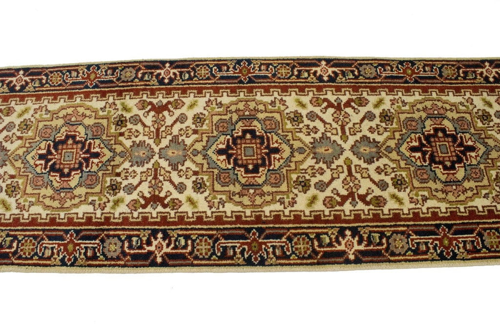 Cream Geometric 2'5X12 Heriz Serapi Oriental Runner Rug