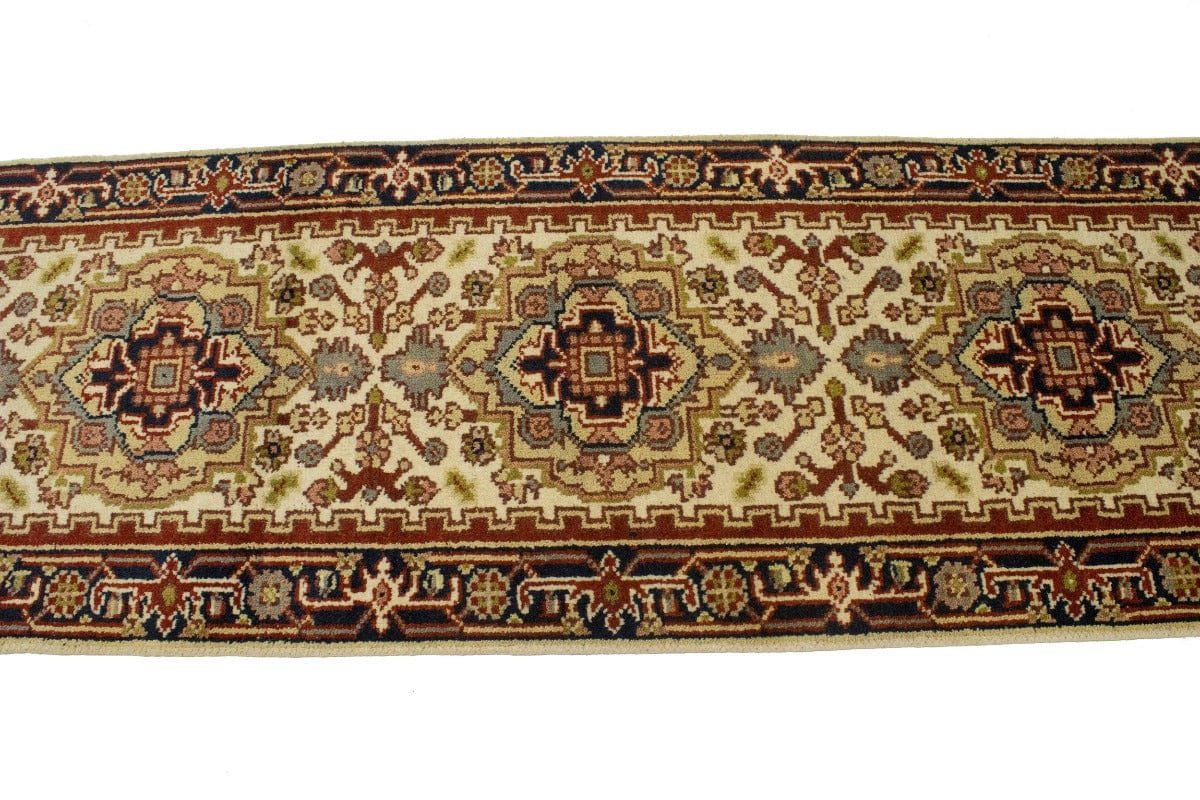 Cream Geometric 2'5X12 Heriz Serapi Oriental Runner Rug