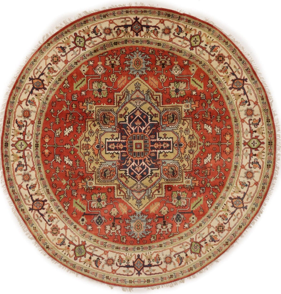 Orange Geometric 10X10 Heriz Serapi Oriental Round Rug