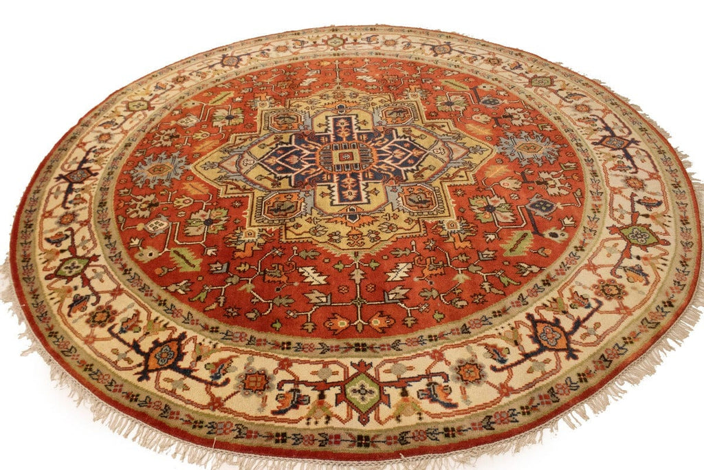 Orange Geometric 10X10 Heriz Serapi Oriental Round Rug