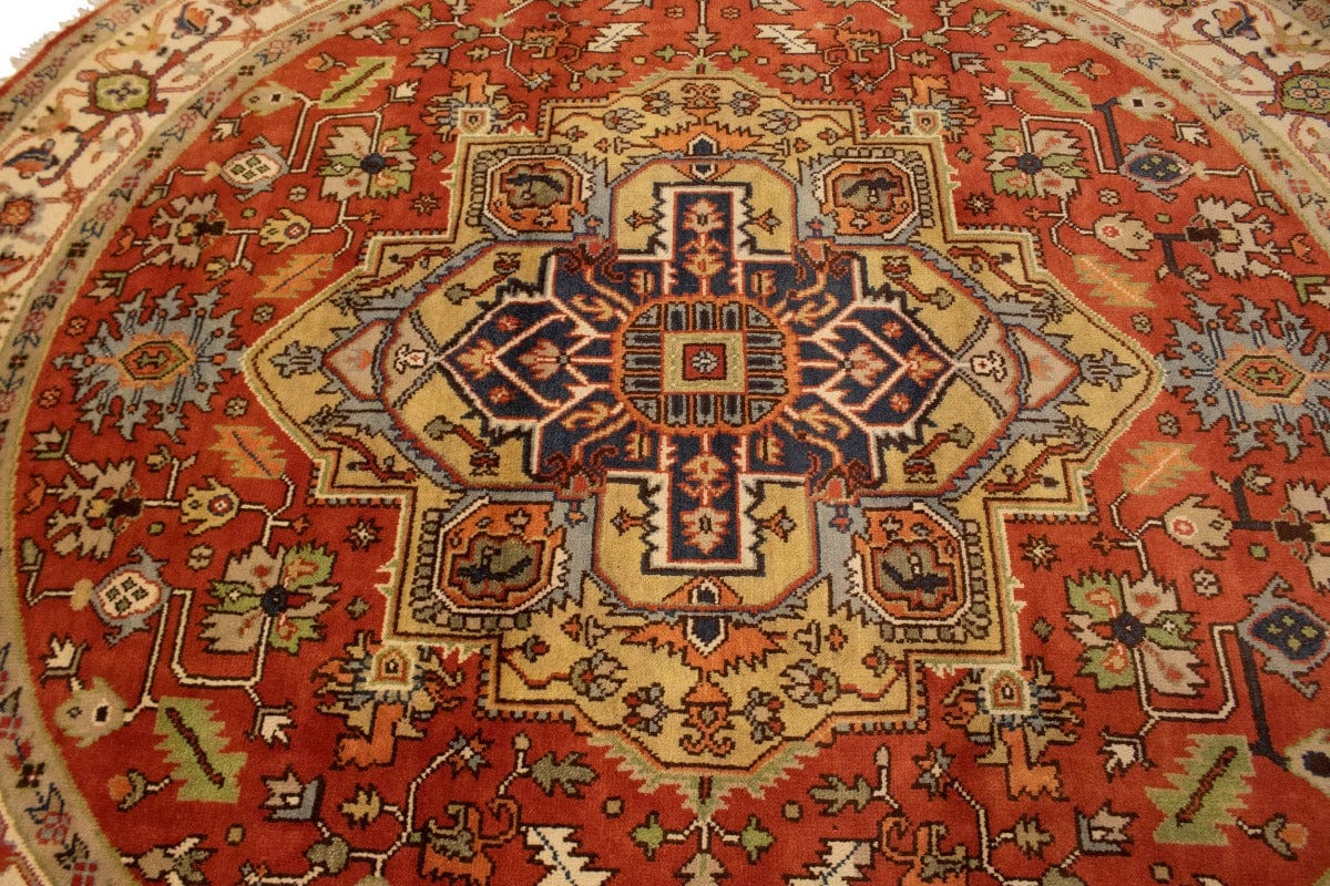 Orange Geometric 10X10 Heriz Serapi Oriental Round Rug