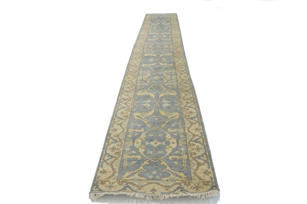 Blue-gray Floral 2'7X17'9 Oushak Oriental Runner Rug