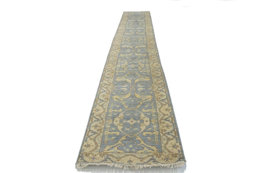 Blue-gray Floral 2'7X17'9 Oushak Oriental Runner Rug