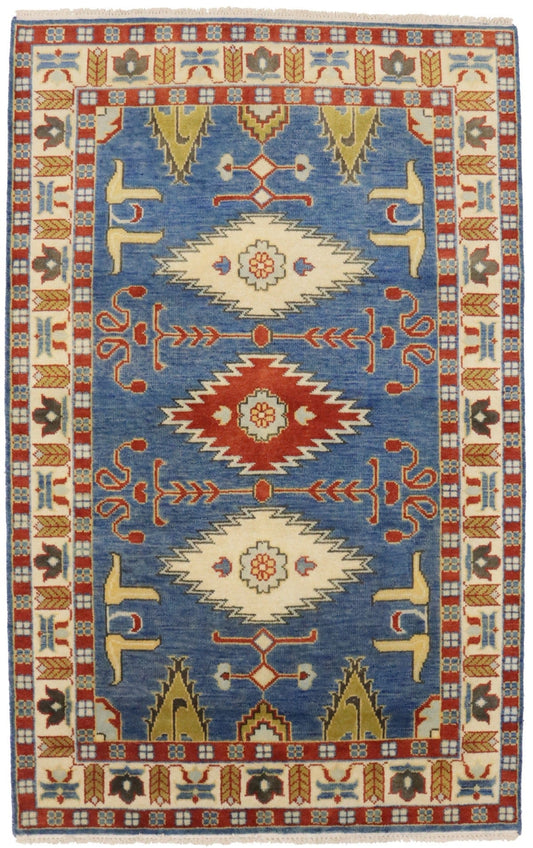 Blue Geometric 5X8 Kazak Oriental Rug