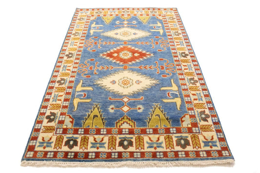 Blue Geometric 5X8 Kazak Oriental Rug