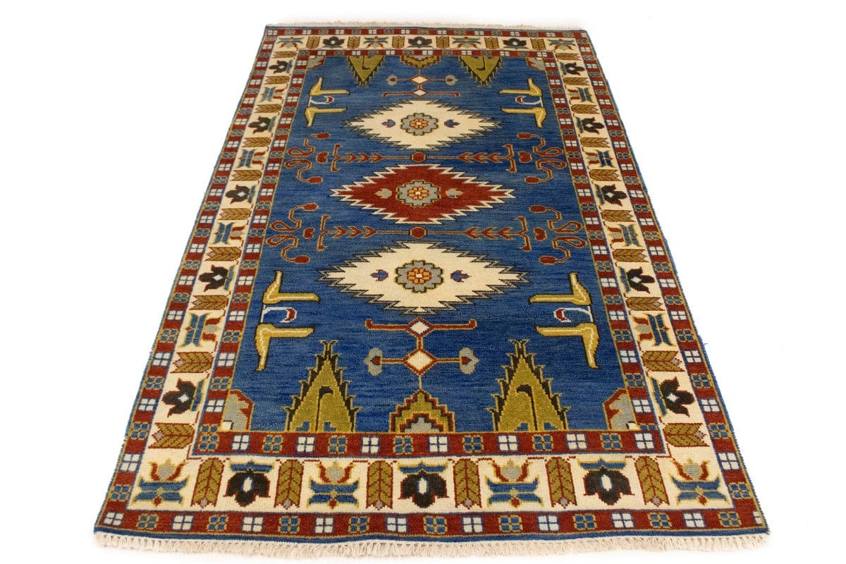 Blue Geometric 5X8 Kazak Oriental Rug