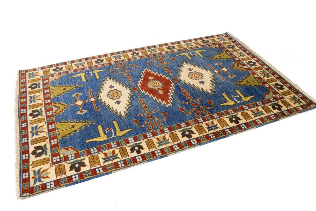 Blue Geometric 5X8 Kazak Oriental Rug