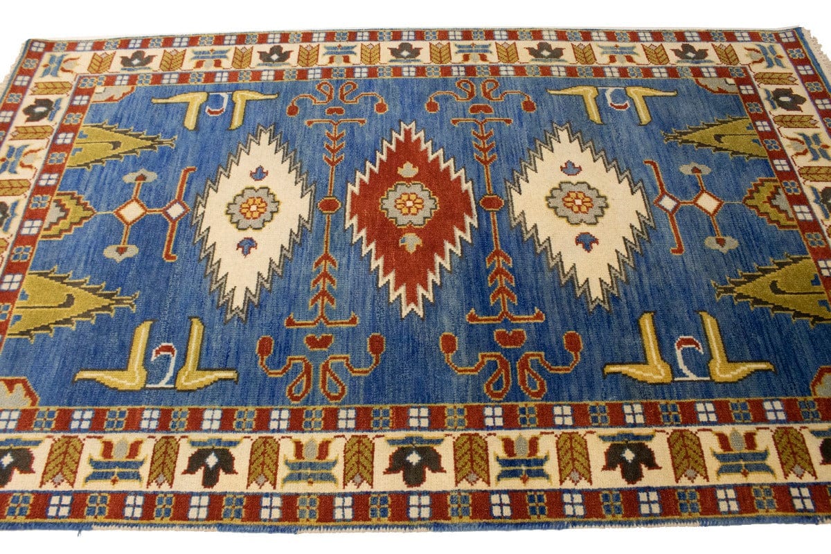 Blue Geometric 5X8 Kazak Oriental Rug