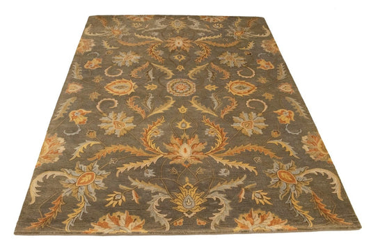 Tan Floral Modern 8X11 Oriental Hand-Tufted Rug