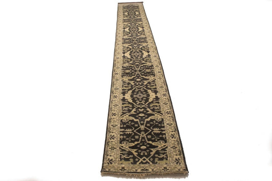 Charcoal Brown Floral 3X20 Oushak Oriental Runner Rug