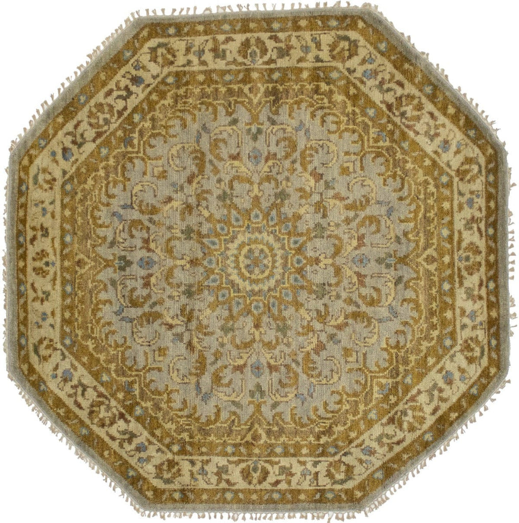 Tan & Gold Floral 6X6 Oushak Oriental Octagon Rug