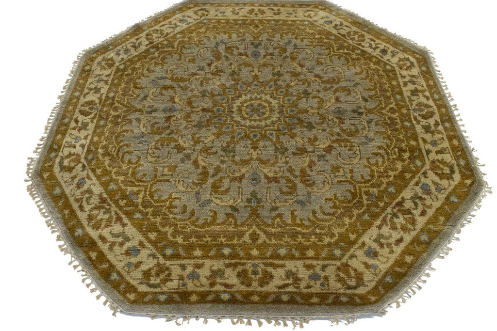 Tan & Gold Floral 6X6 Oushak Oriental Octagon Rug