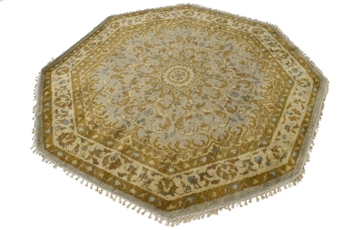 Tan & Gold Floral 6X6 Oushak Oriental Octagon Rug