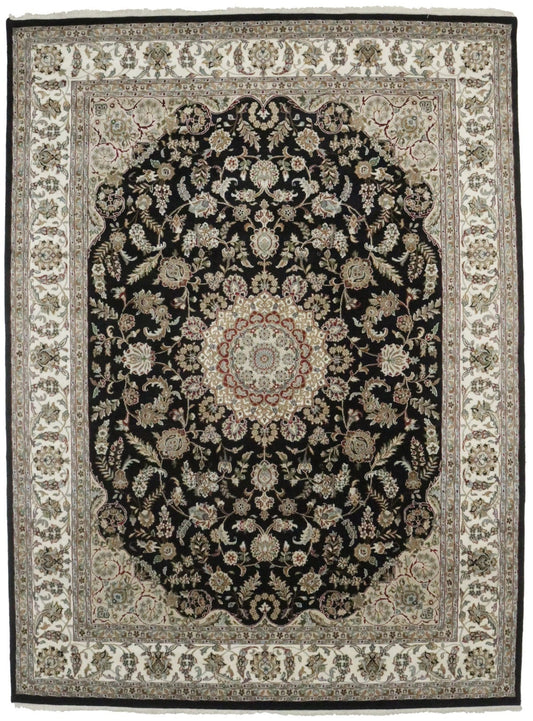 Black Floral 9X12 Indo-Nain Oriental Rug