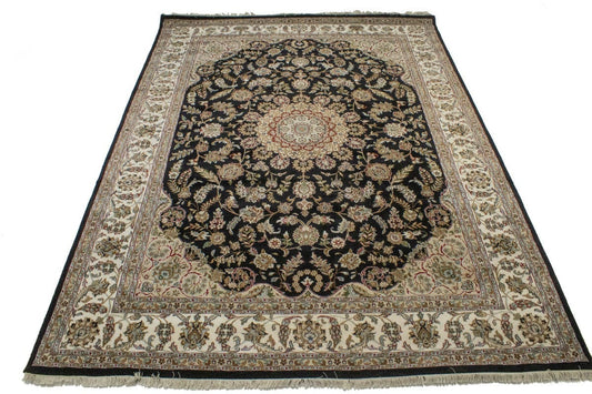 Black Floral 9X12 Indo-Nain Oriental Rug