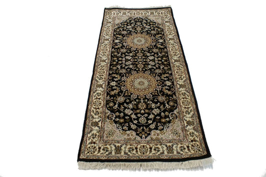 Black Floral 3X6 Indo-Nain Oriental Runner Rug