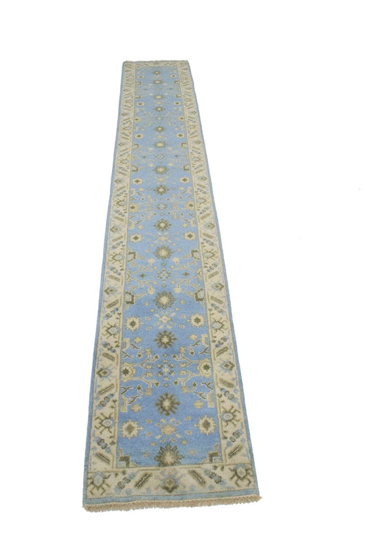 Light Blue Floral 3X16 Oushak Chobi Oriental Runner Rug