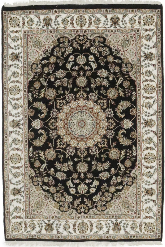 Black Floral 4X6 Indo-Nain Oriental Rug