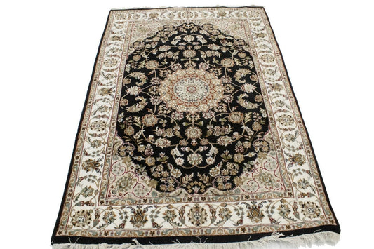 Black Floral 4X6 Indo-Nain Oriental Rug