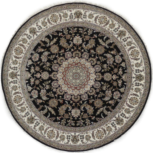 Black Floral 8X8 Indo-Nain Oriental Round Rug