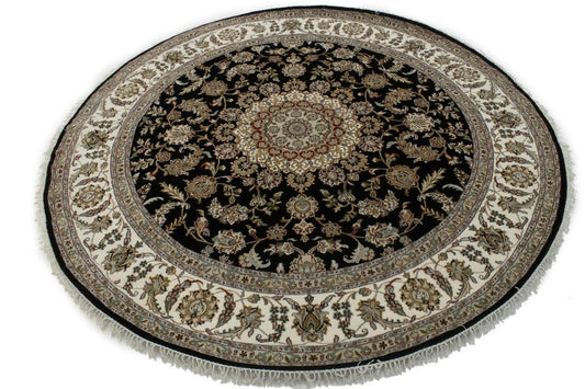 Black Floral 8X8 Indo-Nain Oriental Round Rug