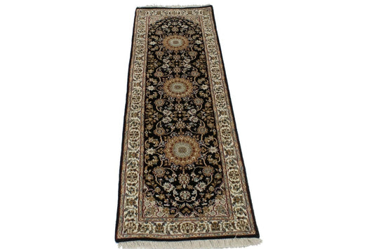 Black Floral 2X6 Indo-Nain Oriental Runner Rug