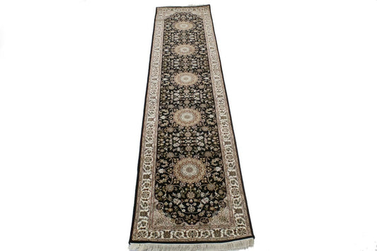 Black Floral 3X12 Indo-Nain Oriental Runner Rug