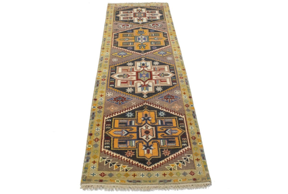 Brown Geometric 3X8 Indo-Karajeh Oriental Runner Rug