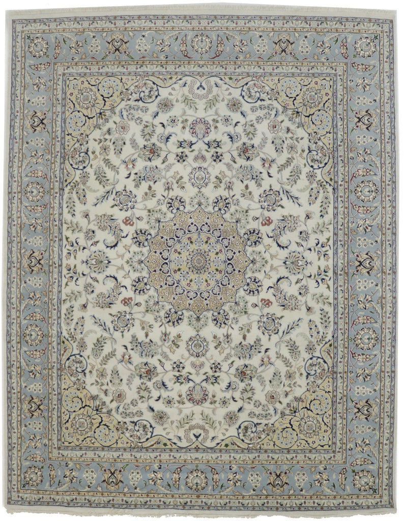 Cream & Light Blue Floral 8X10 Indo-Nain Oriental Rug