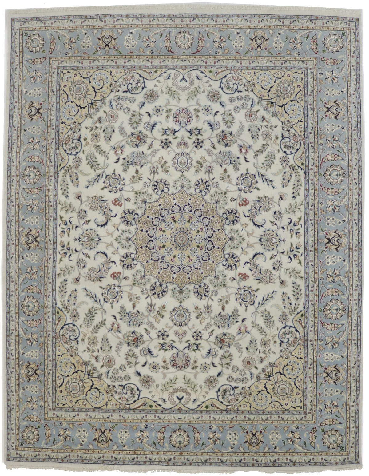 Cream & Light Blue Floral 8X10 Indo-Nain Oriental Rug