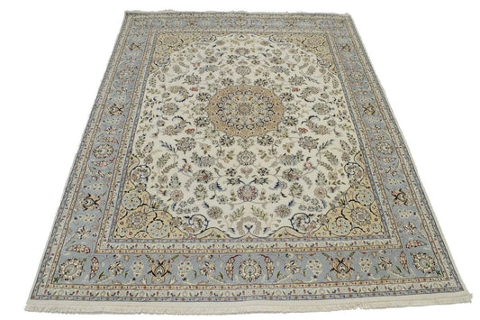 Cream & Light Blue Floral 8X10 Indo-Nain Oriental Rug