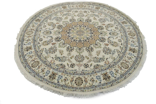 Cream Floral 7X7 Indo-Nain Oriental Round Rug