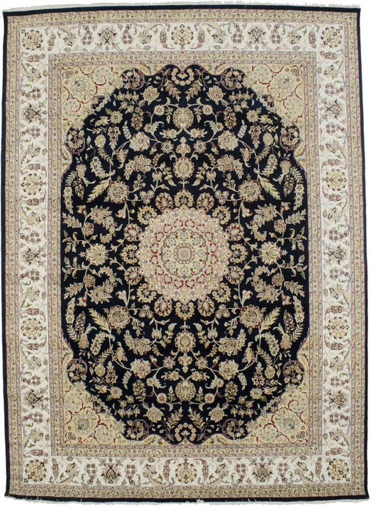 Dark Navy Floral 9X12 Indo-Nain Oriental Rug