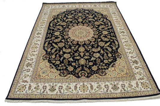 Dark Navy Floral 9X12 Indo-Nain Oriental Rug