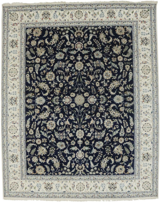 Dark Navy Floral 8X10 Indo-Nain Oriental Rug