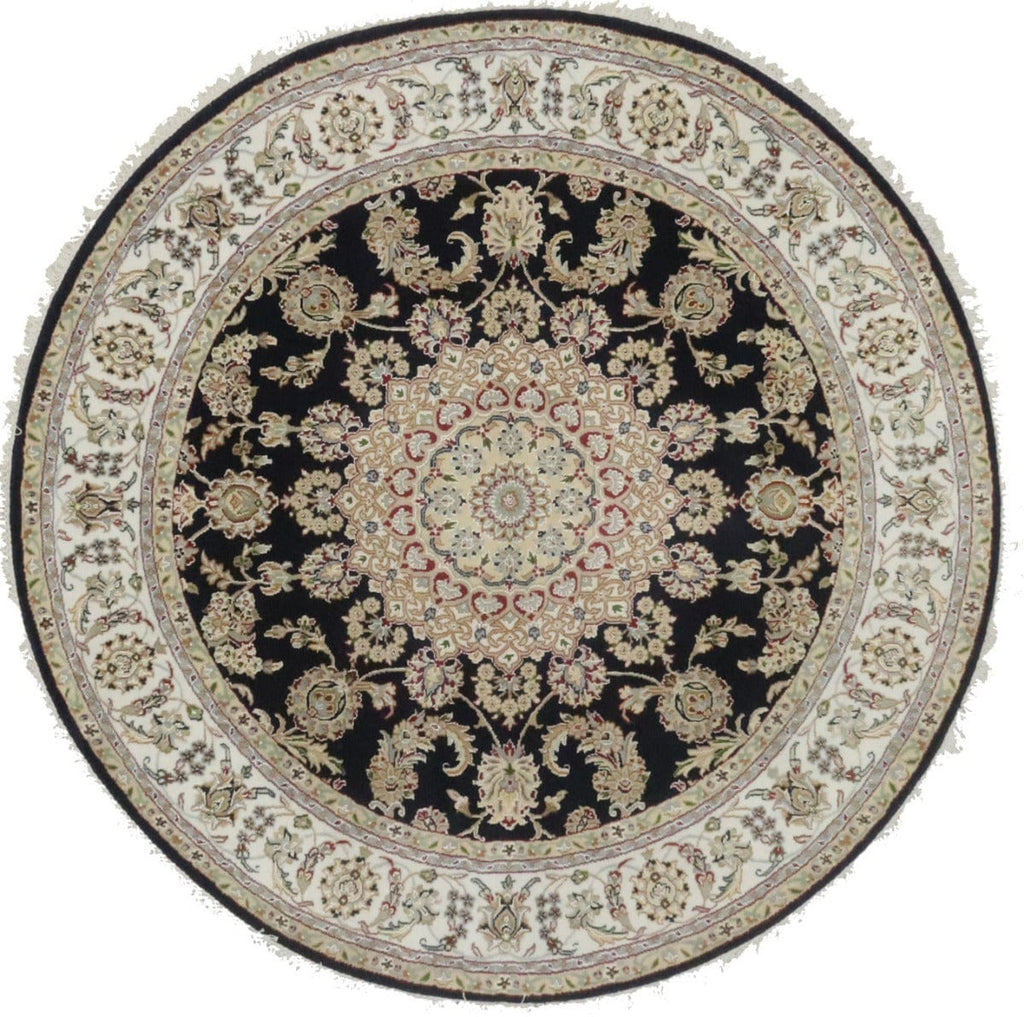 Dark Navy Floral 6X6 Indo-Nain Oriental Round Rug