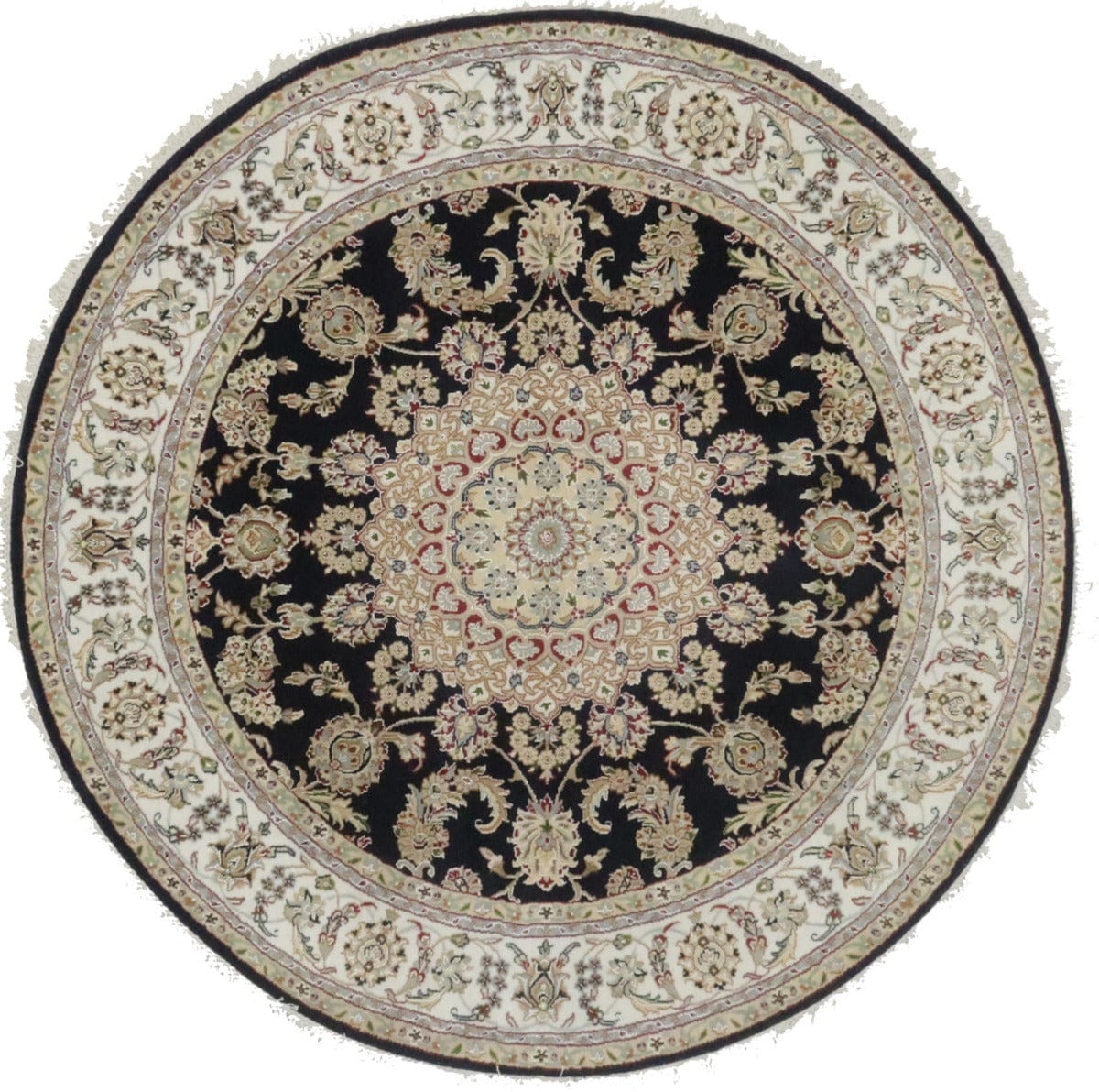 Dark Navy Floral 6X6 Indo-Nain Oriental Round Rug