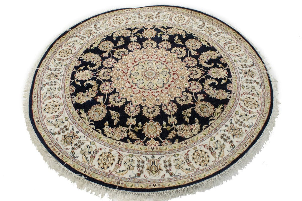 Dark Navy Floral 6X6 Indo-Nain Oriental Round Rug