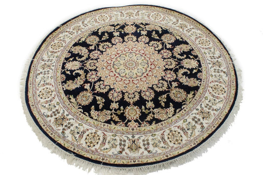 Dark Navy Floral 6X6 Indo-Nain Oriental Round Rug