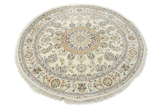 Cream Floral 6X6 Indo-Nain Oriental Round Rug