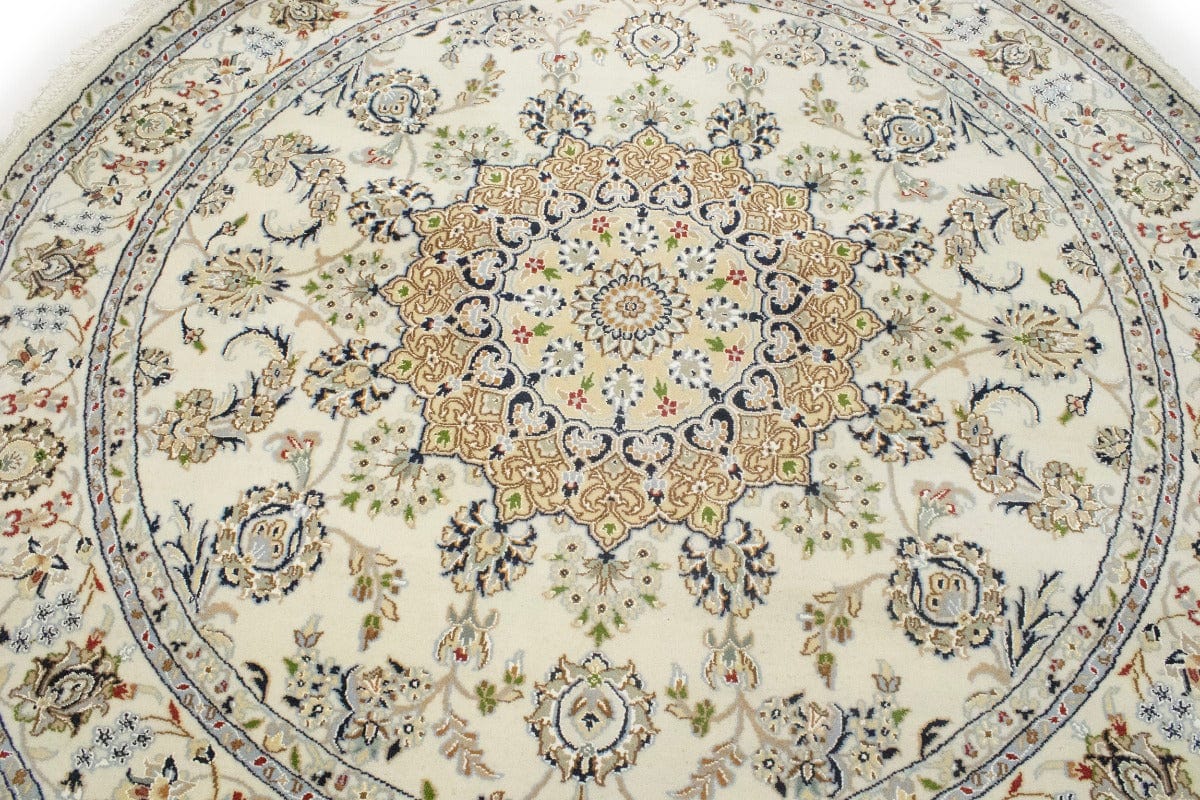 Cream Floral 6X6 Indo-Nain Oriental Round Rug