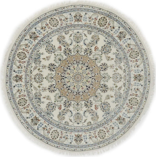 Cream Floral 6X6 Indo-Nain Oriental Round Rug