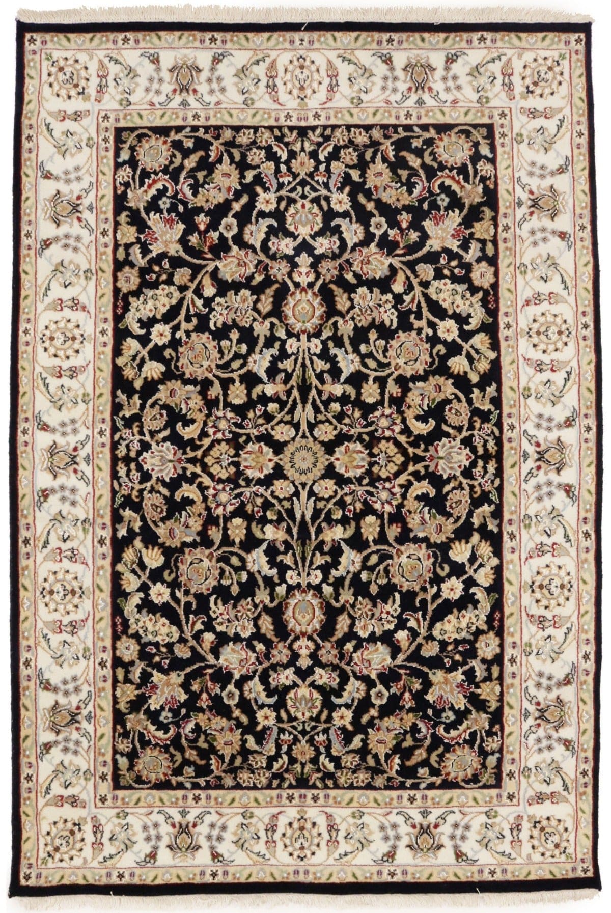 Dark Navy Floral 4X6 Indo-Nain Oriental Rug