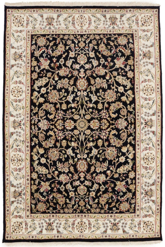 Dark Navy Floral 4X6 Indo-Nain Oriental Rug