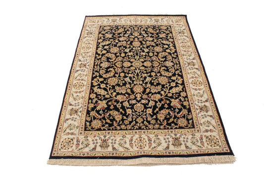 Dark Navy Floral 4X6 Indo-Nain Oriental Rug