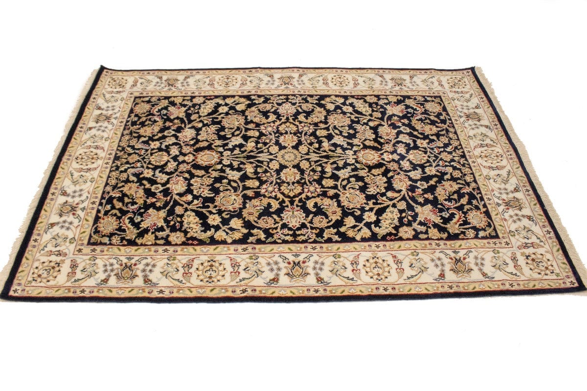 Dark Navy Floral 4X6 Indo-Nain Oriental Rug