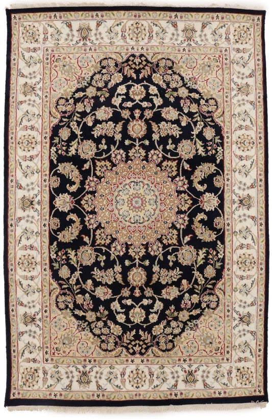 Dark Navy Floral 4X6 Indo-Nain Oriental Rug