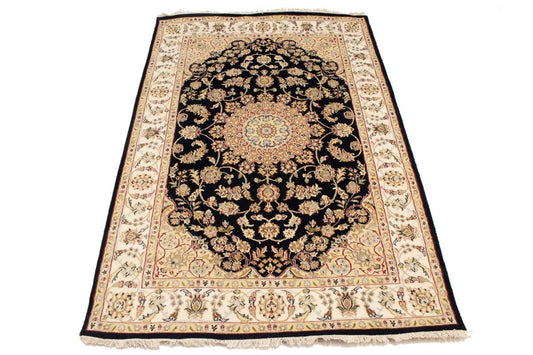 Dark Navy Floral 4X6 Indo-Nain Oriental Rug